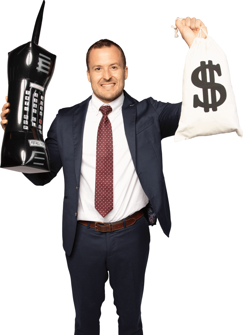 James Helm with Phone and Cash Bag
