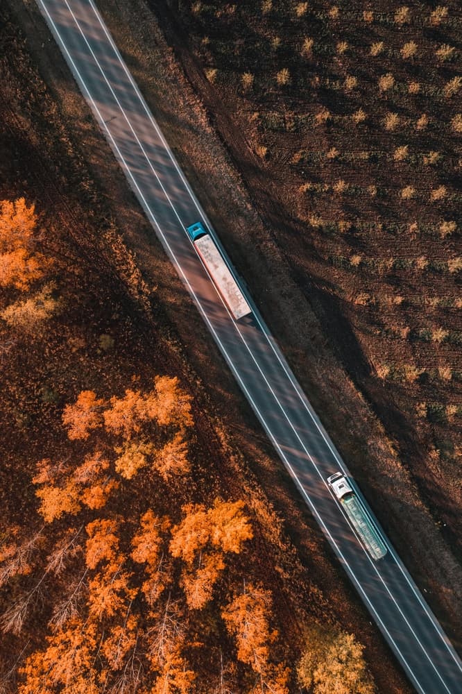 Autumn aerial view: Two trucks navigating a road in a dense deciduous forest, captured from a drone's top-down perspective during a fall afternoon.