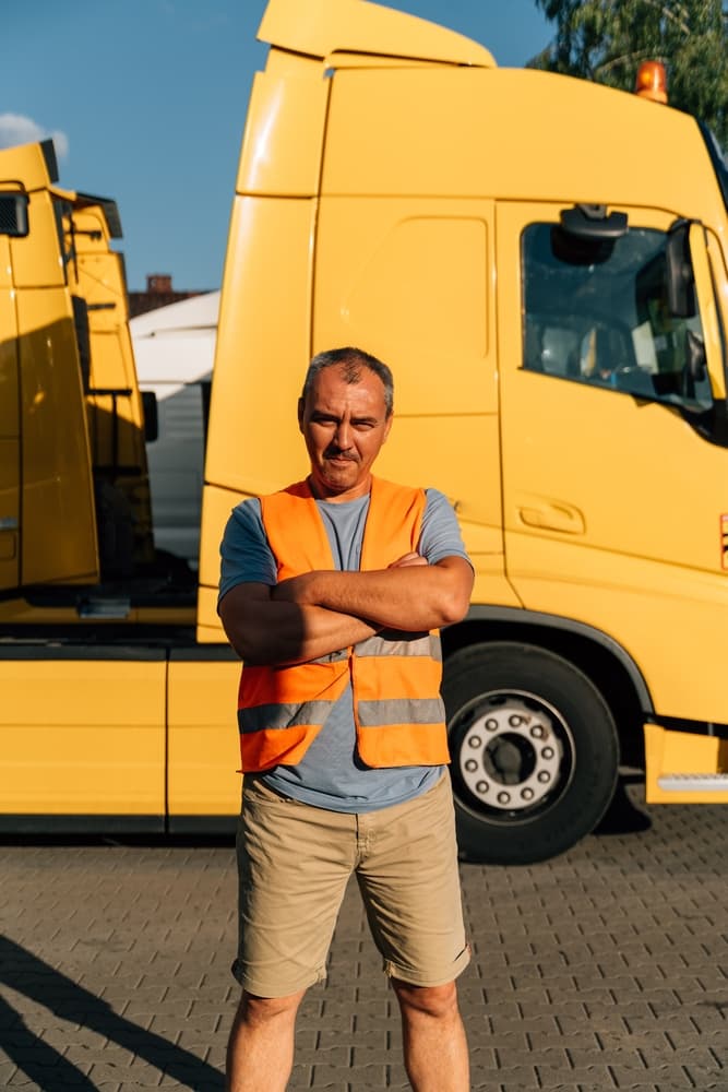 Caucasian mature man, a dedicated truck driver, captured in a portrait against the backdrop of semi-truck vehicles in a parking area.