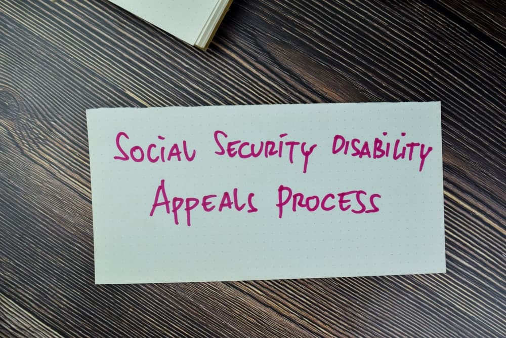 Social Security Disability Appeals Process concept written on sticky notes, arranged on a wooden table.