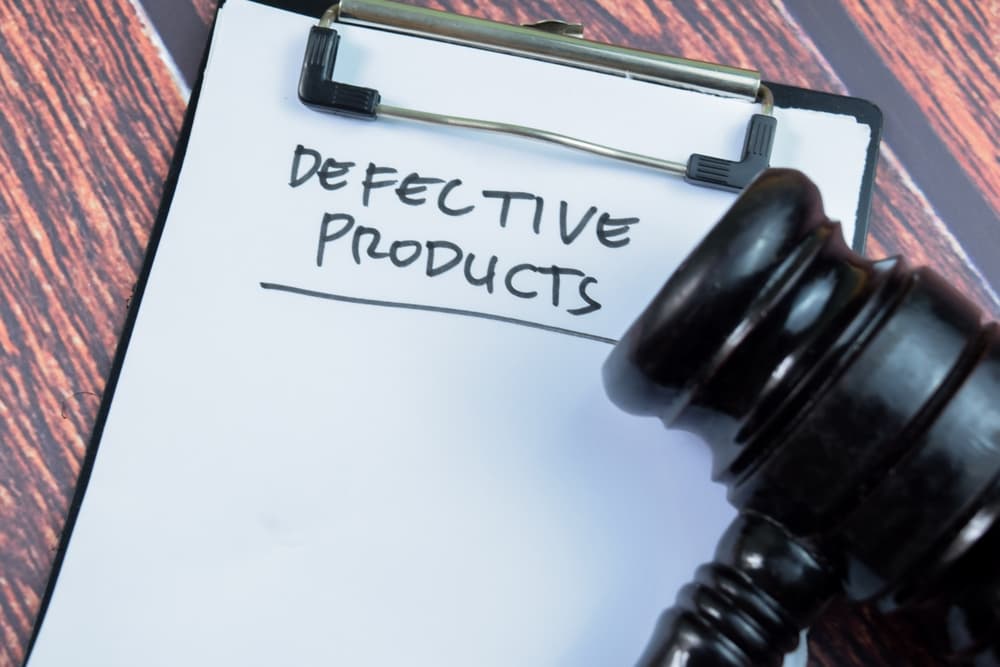 "Defective Product" concept illustrated on paperwork beside a gavel, set against a wooden background.