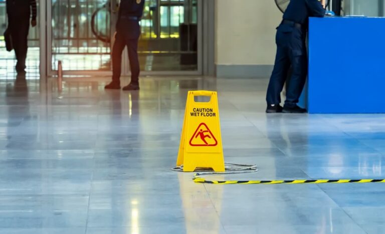 Yellow "Caution: Wet Floor" sign placed on a slippery surface.