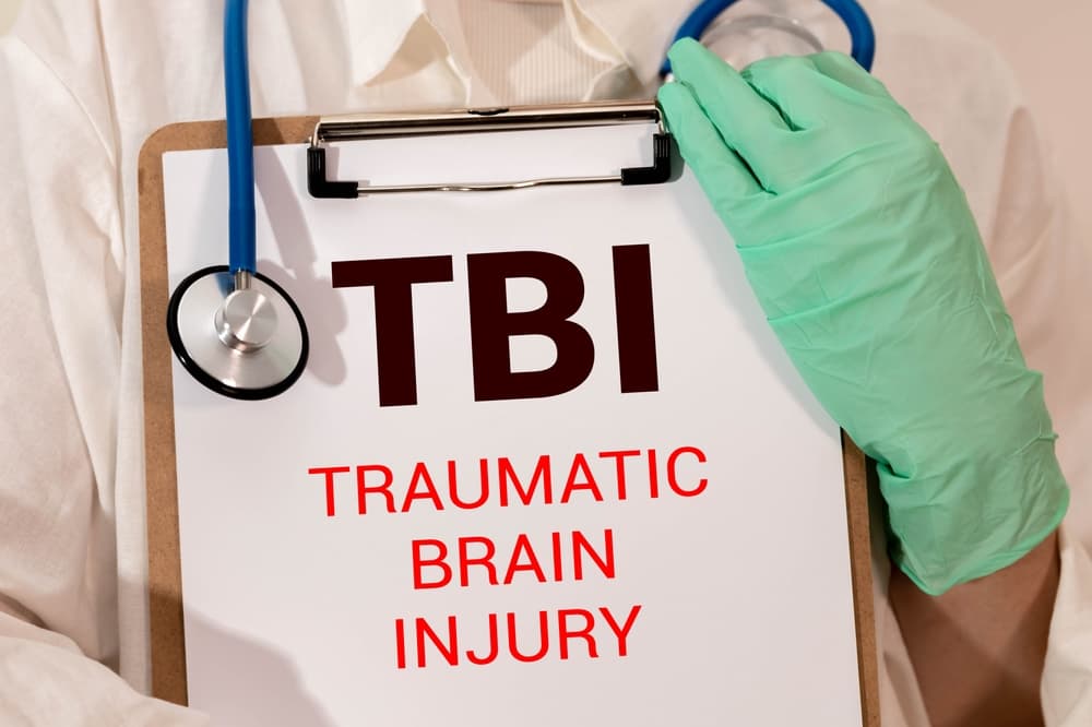 TBI (Traumatic Brain Injury) concept. The words "TBI – Traumatic Brain Injury" are written on a white note, symbolizing the medical and financial impact of such injuries.