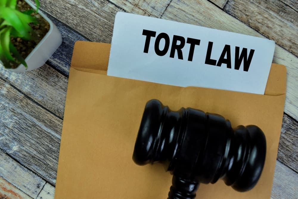 "Tort Law" text concept displayed on a wooden table, symbolizing legal authority and civil justice.