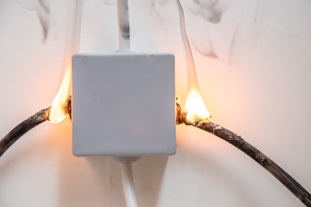 Electrical short circuit ignites wiring—cables catch fire and burst into flames.
